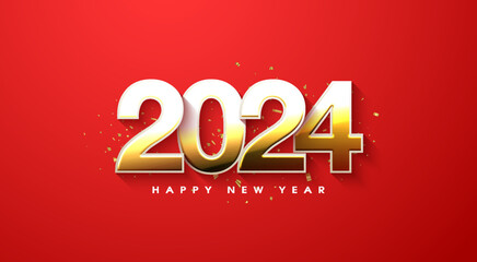 golden 2024, happy new year 2024 on red background