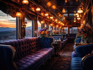 Velvet sofa inside a train car in the style of luxury, with flower vase, light from lamps to illuminate in the evening atmosphere. Generative AI