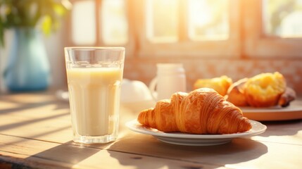 School breakfast with milk and croissants on the table in the morning sunlight. Generative AI.
