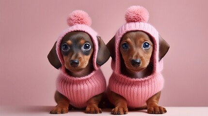 
Two funny dachshund puppies in knitted hats on pink background. Generative AI.
