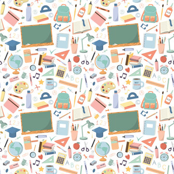 School seamless pattern with cartoon study supplies, stationary. Graphic for wrapping paper, scrapbooking, stationary, wallpaper, kids textile. Back to school theme. Isolated on white background.