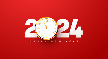 2024 happy new year design, with golden illustration on red background