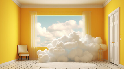 yellow pedestal cylinder stage door cloud abstract minimal showcase room. Generative AI.