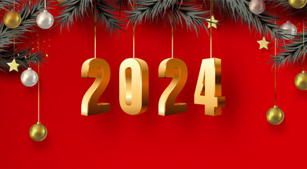 happy new year 2024 with 3d gold number on red background