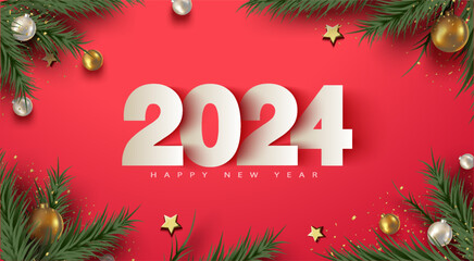 happy new year 2024 with paper cut number on red background