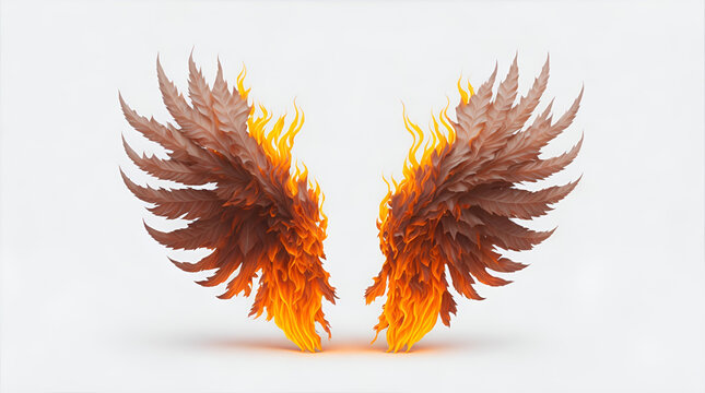 Realistic fire wings isolated on white background. AI generated image.