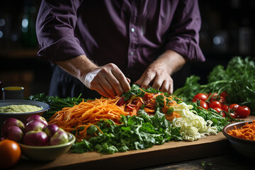 Close-up of a chef's hands skillfully chopping vegetables, Chef Generative AI