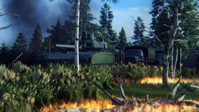 Russian T-14 Armata tank on a military campaign and ZIL-131 trucks of the Russian army. 3d animation