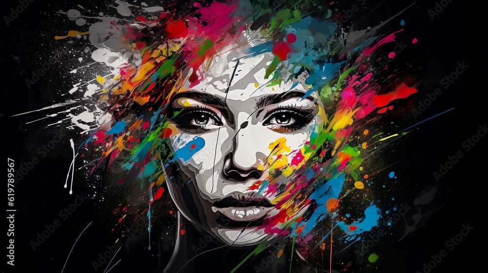 Wall mural portrait of beautiful lady with splash paint art made with ai generative technology