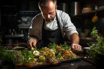 A chef meticulously garnishing a dish with herbs, Chef Generative AI