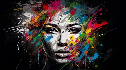 Portrait of beautiful lady with splash paint art made with Ai generative technology