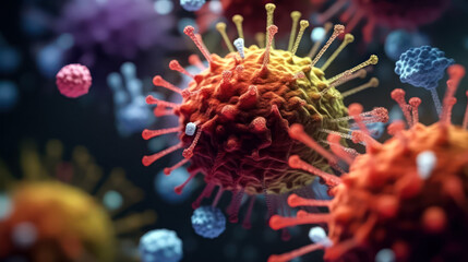 macro image of viruses and bacteria in tissues, colorful vivid background microbiological microlife, macro bokeh depth of field