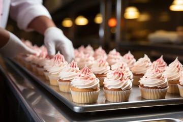A chef carefully piping frosting onto cupcakes, Chef Generative AI - obrazy, fototapety, plakaty