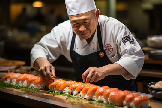 A chef meticulously slicing sushi rolls, Chef Generative AI