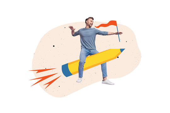 Artwork magazine collage picture of funky positive guy flying pencil rocket isolated drawing background