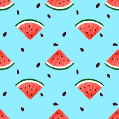 Seamless pattern with watermelon slices. Design for textile, greeting card, wrapping paper. Collage imitation.