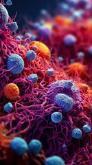 macro image of viruses and bacteria in tissues, colorful vivid background microbiological microlife, macro bokeh depth of field