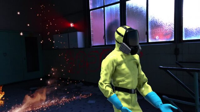 Nuclear powerpoint meltdown. Control room in chaos with sparks and fire. People in hazmat suits argue as chaos breaks out around them. Camera rotates 360 degrees revealing glimpse at breakdown 