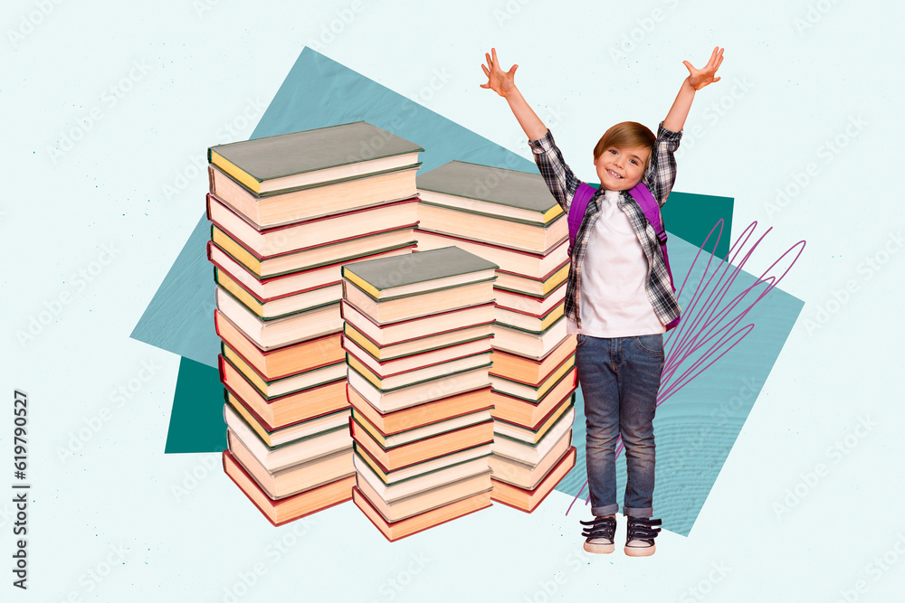 Poster Creative 3d photo artwork graphics collage painting of carefree exited small little kid enjoying reading book isolated drawing background