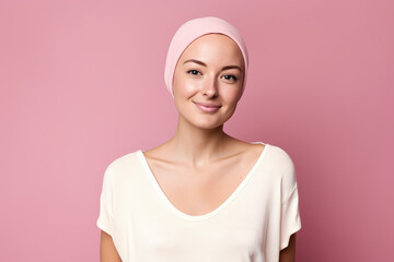 Studio portrait of a happy cancer patient against a pink background