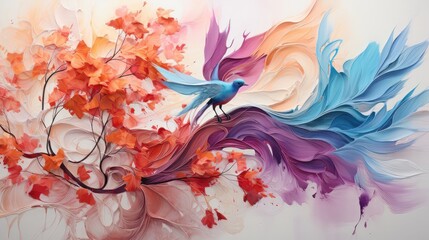 abstract watercolor wavy background with blue bird on orange branch
