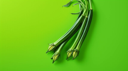 Okra on colorful background. empty copy space on the side for text. Bright Vibrant colors. Generative AI.