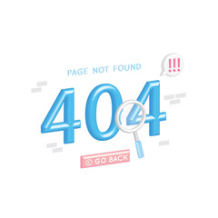 404 error with exclamation marks on internet on website. Vector page not found, broken. 3D magnifier searches for lost online data, information.