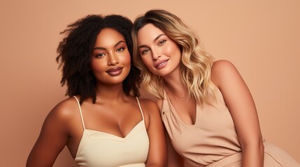 Portrait, beauty and plus size with black woman friends in studio on a beige background for body positivity. Makeup, diversity or wellness with a model female with generative ai