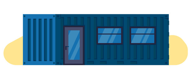House made from large shipping cargo container. Residential building with door and windows. Modify freight metal box. Industrial architecture. Isolated modern cottage home. Vector concept
