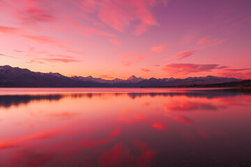 Fototapeta na wymiar A view over Lake Tekapo at sunset looking towards Mount Cook 