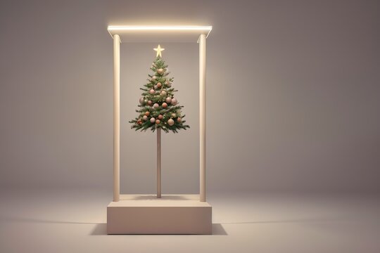 Pedestal with Christmas trees in a minimalist interior in light colors. Ai generative.