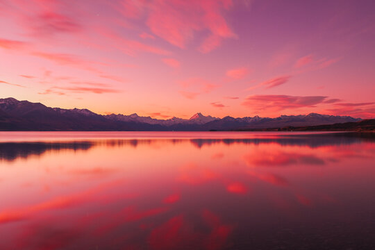 A view over Lake Tekapo at sunset looking towards Mount Cook 