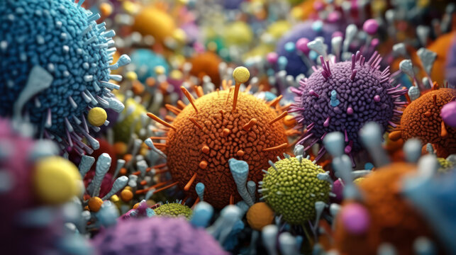 macro image of viruses and bacteria in tissues, colorful vivid background microbiological microlife, macro bokeh depth of field