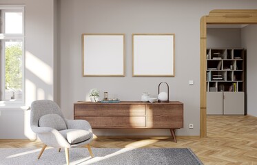 Mockup poster frame in modern interior background, living room, 3D render, 3D illustration