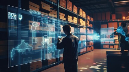 Smart warehouse management system using augmented reality technology to identify package picking and delivery . Future concept of supply chain and logistic business, generative ai