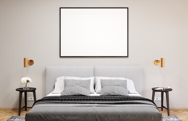 Mockup poster frame in modern interior background, bedroom, 3D render, 3D illustration