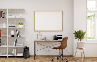 Mockup poster frame in modern interior background, living room, 3D render, 3D illustration