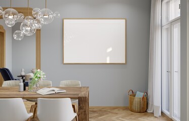 Mockup poster frame in modern interior background, living room, 3D render, 3D illustration