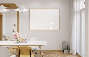 Mockup poster frame in modern interior background, living room, 3D render, 3D illustration