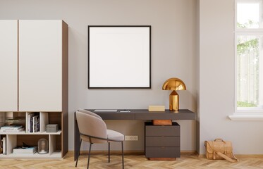 Mockup poster frame in modern interior background, living room, 3D render, 3D illustration