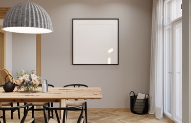 Mockup poster frame in modern interior background, living room, 3D render, 3D illustration
