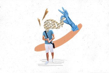 Collage portrait of big blue arm fingers connect book page text mini guy flying paper planes...