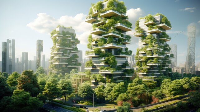 Splendid environmental awareness city with vertical forest concept of metropolis covered with green plants. Civil architecture and natural biological life with generative ai