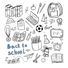 Cute hand drawn set of Back to school in doodle style. Great for textile fabric design, wrapping paper, banner, posters, cards, stickers, professional design and website wallpapers. 