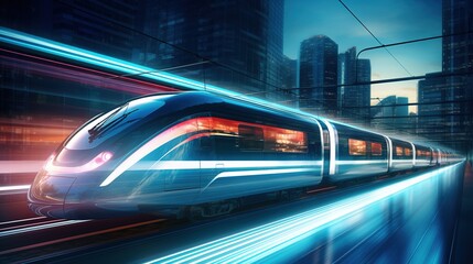 Fototapeta na wymiar Trains moving from light shine on high speed intercity railway. Train logistic, digital futuristic technology with generative ai