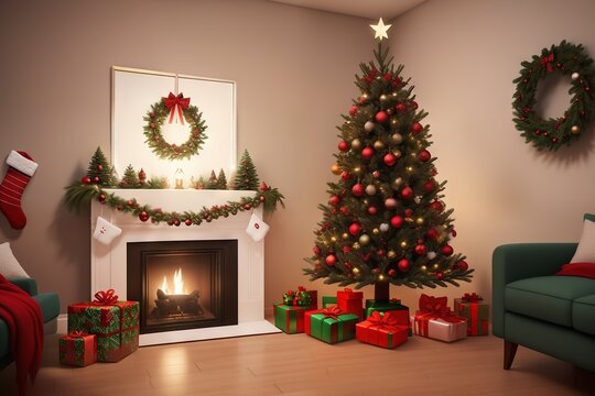 Christmas tree with gifts under it in a modern interior near the fireplace. Ai generative.