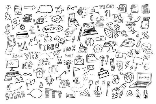 Big set of hand drawn business elements. Doodle style. Hand drawn vector illustration EPS10. Great for banner,  posters, cards, stickers and professional design.