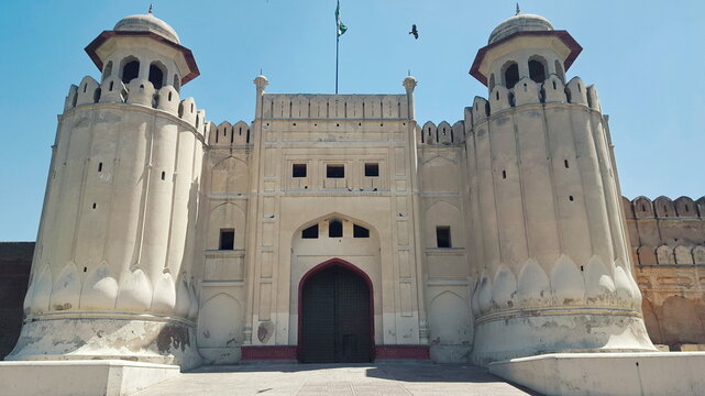 Shahi Qila, Lahore Fort - April, 22, 2018: Pakistan, Emperor Aurangzeb, built the Alamgiri Gate in 1674, whose semi-circular towers and domed pavilions are a widely recognized as symbol of Lahore.