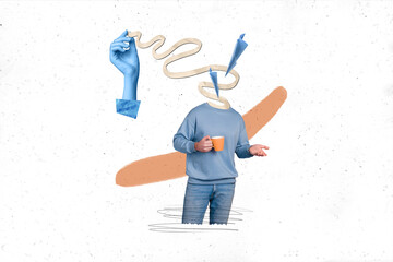 Composite collage image of arm fingers hold string instead mini guy head talk communicate coffee...