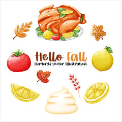 Set grilled chicken Hello Fall Autumn lemon tomato and autumn leaves Elements Watercolor Vector File ,Clipart Cute cartoon style For banner, poster, card, t shirt, sticker